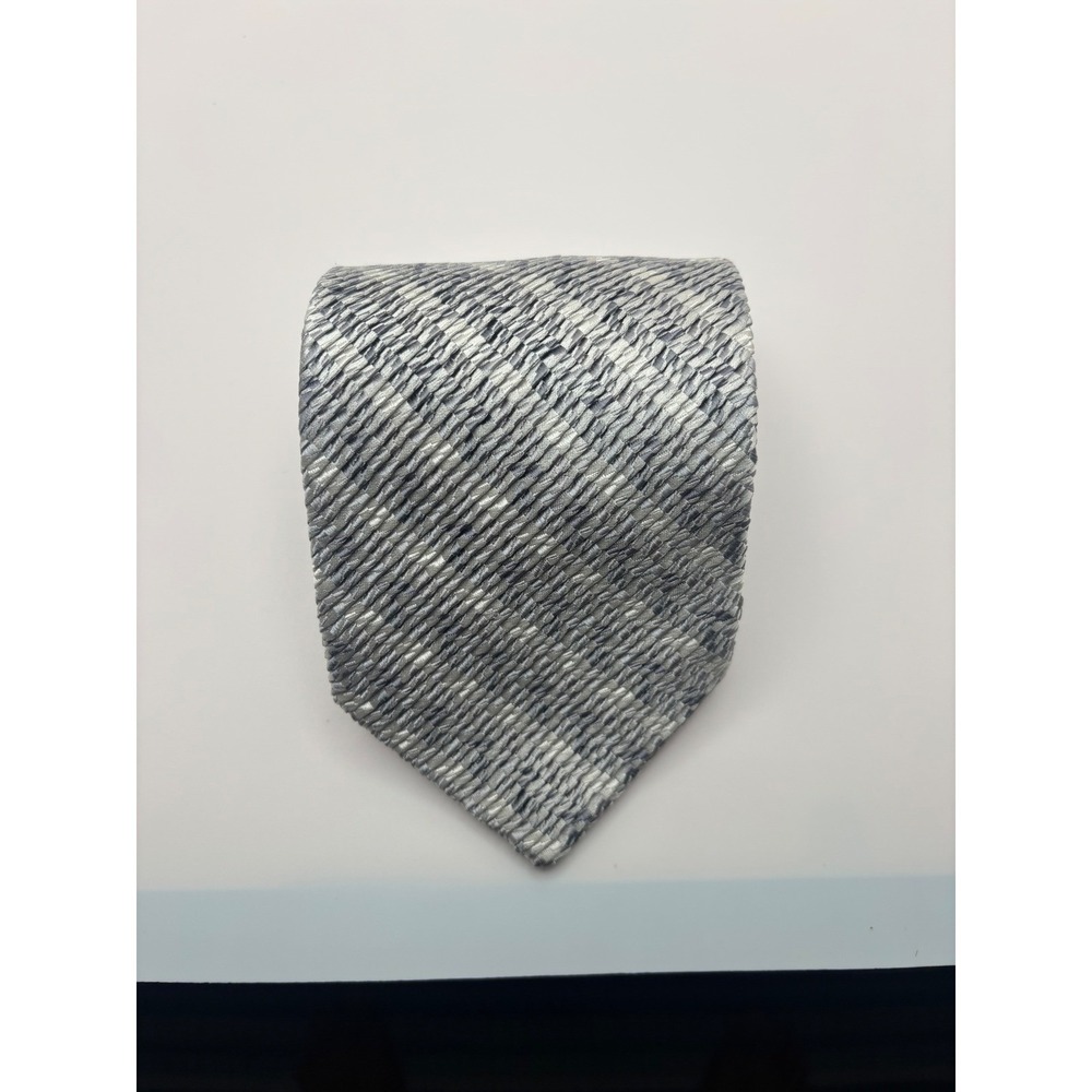 Luciano Gatti Platinum Silk Tie Grey Silver Textured Chevron Stripe Hand Made